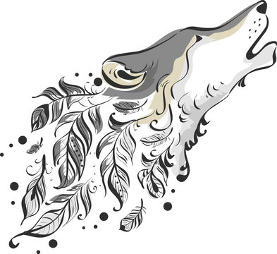 recommend clip art: Wolf Feather Boho Design Illustration