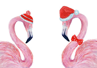 Watercolor flamingos in christmas hats.