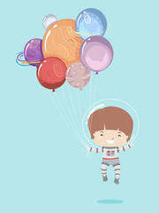 Kid Boy Astronaut Planet Balloons Illustration