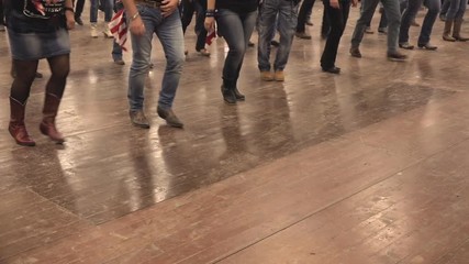 Line dance musical, dancers at old  west show, country fashion suit. Denim jeans, cowboy boots and USA flag. Hoedown festival, bluegrass music and tradition of America