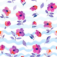 Watercolor seamless pattern with pink flowers.