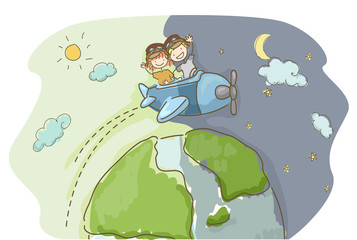 Stickman Kids Travel World Day Night Illustration