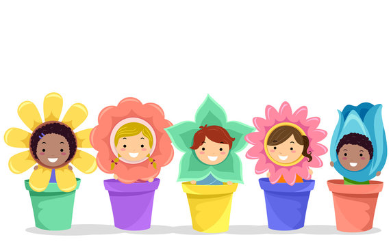 Stickman Kids Flowers Pots Illustration