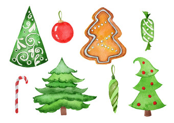 Set of watercolor Christmas decorations. Watercolor elements on a white background.