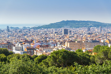 Fototapeta na wymiar Vew of Barcelona from Park Guell. Panoramic view of Barcelona.