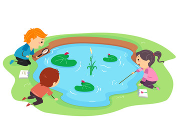 Stickman Kids Observe Pond Illustration