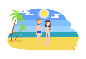 Man and Woman in Swimsuits on the Beach with Palms