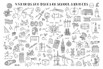 Various sketches on school subjects. Hand sketches on the theme of Maths and geometry. Vector illustration. Doodle set.