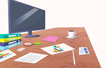 Fototapeta premium Work Place with Big Screen and Paper Documents