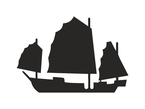 Ancient Ship with Broad Canvas Black Silhouette