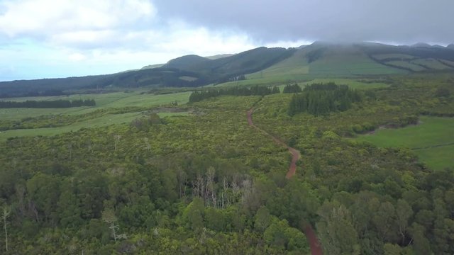 Azores landscape aerial view - forest landscape with mountains and clouds in the background - Terceira island