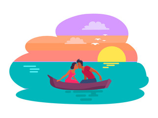 Fototapeta premium Couple Sitting in Boat Kissing Vector Illustration