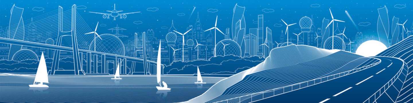 City infrastructure industrial illustration panorama. Large cable-stayed bridge across the river. Automobile road in mountains. White lines on blue background. Vector design art