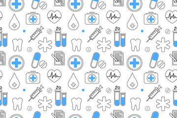 Medical seamless pattern , clinic vector illustration. Hospital thin line icons - thermometer, check up, diagnostic, microscope, stethoscope.