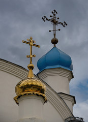 Fototapeta na wymiar Russia. South of Western Siberia, the village Krasnoe. A fragment of the Orthodox Church of the Holy Trinity