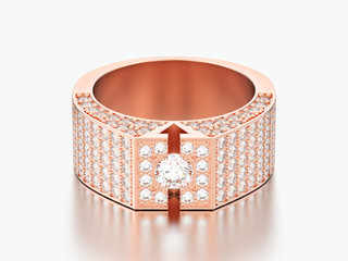 3D illustration rose gold diamond signet ring