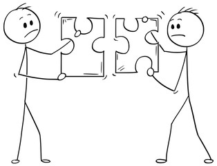 Cartoon stick man drawing conceptual illustration of two businessmen holding unmatching puzzle pieces. Business concept of teamwork or cooperation problem.