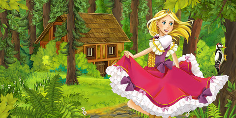 Obraz na płótnie Canvas cartoon scene with happy young girl in the forest encountering hidden wooden house - illustration for children