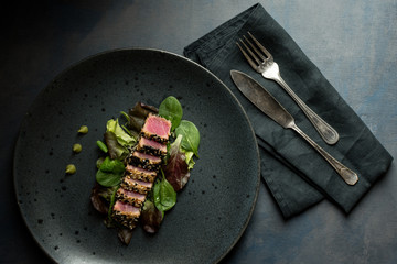 Grilled Sliced Tuna Steak in Sesame with Salad and Wasabi Sauce - 208913608