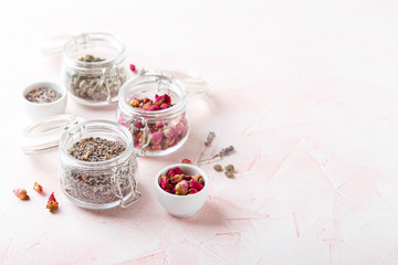 Rose flower petals and buds for aromatherapy.