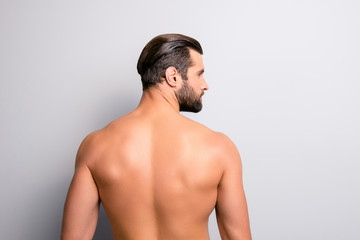 Back behind side profile rear view photo of handsome sexual salf-assured muscular masculine with modern stylish trendy hairdo hot strong man looking aside isolated on gray background