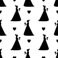 Seamless pattern with black silhouettes of the bride and hearts on the white background.