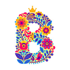 Decorative Letter B from flowers isolated on white background. Colorful character of alphabet letter font. Decoration plants and floral element for birthday, greeting, logo or book design