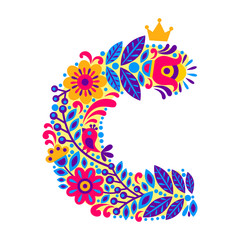 Decorative Letter C from flowers isolated on white background. Colorful character of alphabet letter font. Decoration plants and floral element for birthday, greeting, logo or book design