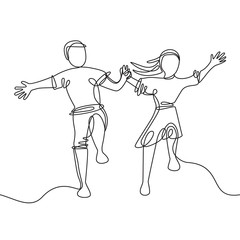happy jumping couple holding hands - continuous line drawing. Vector illustration isolated on white background