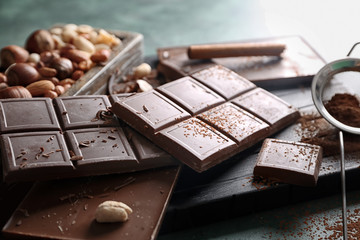 Pieces of chocolate on board