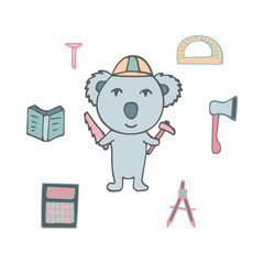 Hand-drawn koala the civil engineer with the axe and a saw.