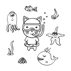 Lovely hand-drawn black-and-white kitten the diver with marine animals.