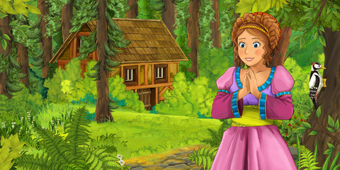 cartoon scene with happy young girl in the forest encountering hidden wooden house - illustration for children