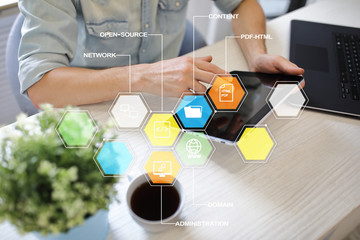 CMS. Content management system applications icons on virtual screen. Business, internet and...