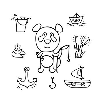 Lovely vector panda the fisherman with a rod and fish.