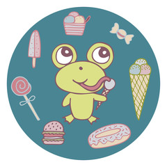 Funny hand-drawn frog the sweet tooth with ice cream and candies