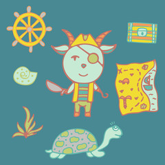 The hand-drawn goat is a pirate with a sword, a hook and the treasure map.