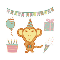 Hand-drawn vector monkey birthday man in a cap and with cake.