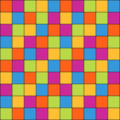 Seamless abstract pattern made of colorful small squares with black outline - vivid colors of green, gold - yellow, purple, orange - red and blue, child or circus pattern
