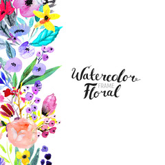 Watercolor Floral Background. Hand painted border of flowers. Good for invitations and greeting cards. Painting isolated on white and brush lettering.
