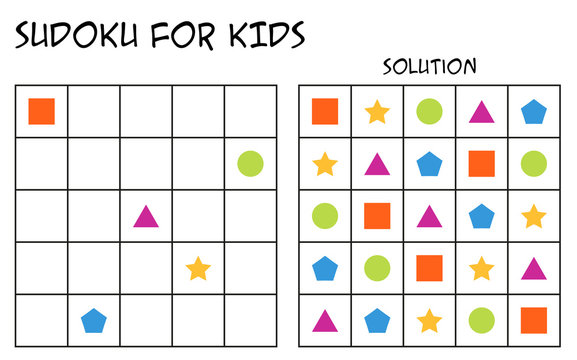 Sudoku for kids with solution, puzzle for children to complete each row or column with just one of each shapes, mental task, logical but easy challenge (version 2)
