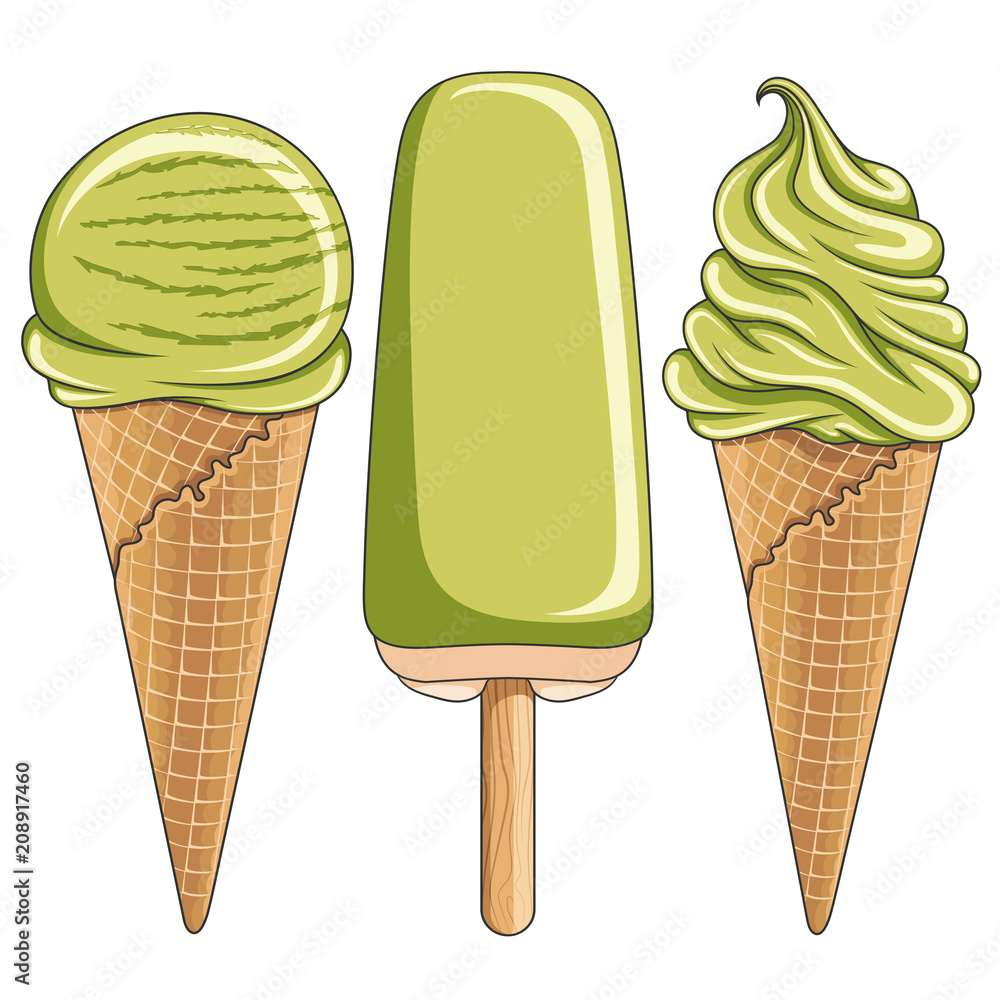 Poster set of color illustrations with tasty pistachio ice cream. isolated vector objects on white backgrou