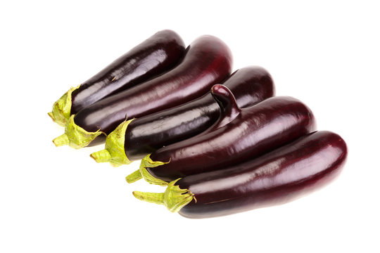 Group of five aubergine at a row with finger