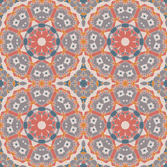 Oriental seamless geometric fabric pattern. Ethnicity ornament. Ornamental background, texture, tiled. Floral elements, mandala decor. Arabic, Islamic, moroccan, asian, indian native african motifs.