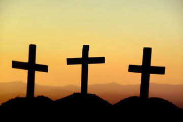 Crucifixion Of Jesus Christ At Sunrise - Silhouette Three Crosses On Hill