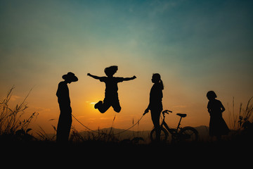 Obraz na płótnie Canvas Group of happy children playing on meadow at sunset, silhouette