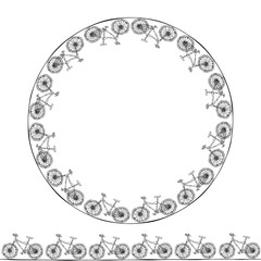 Endless Pattern Brush or Ribbon of Bicycles. Circle Frame Bike Background. Realistic Hand Drawn Illustration. Savoyar Doodle Style.