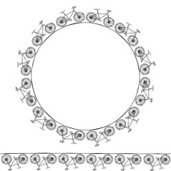 Endless Pattern Brush or Ribbon of Bicycles. Circle Frame Bike Background. Realistic Hand Drawn Illustration. Savoyar Doodle Style.