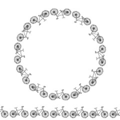 Endless Pattern Brush or Ribbon of Bicycles. Circle Frame Bike Background. Realistic Hand Drawn Illustration. Savoyar Doodle Style.