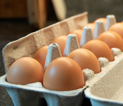 One dozen fresh eggs in a carton